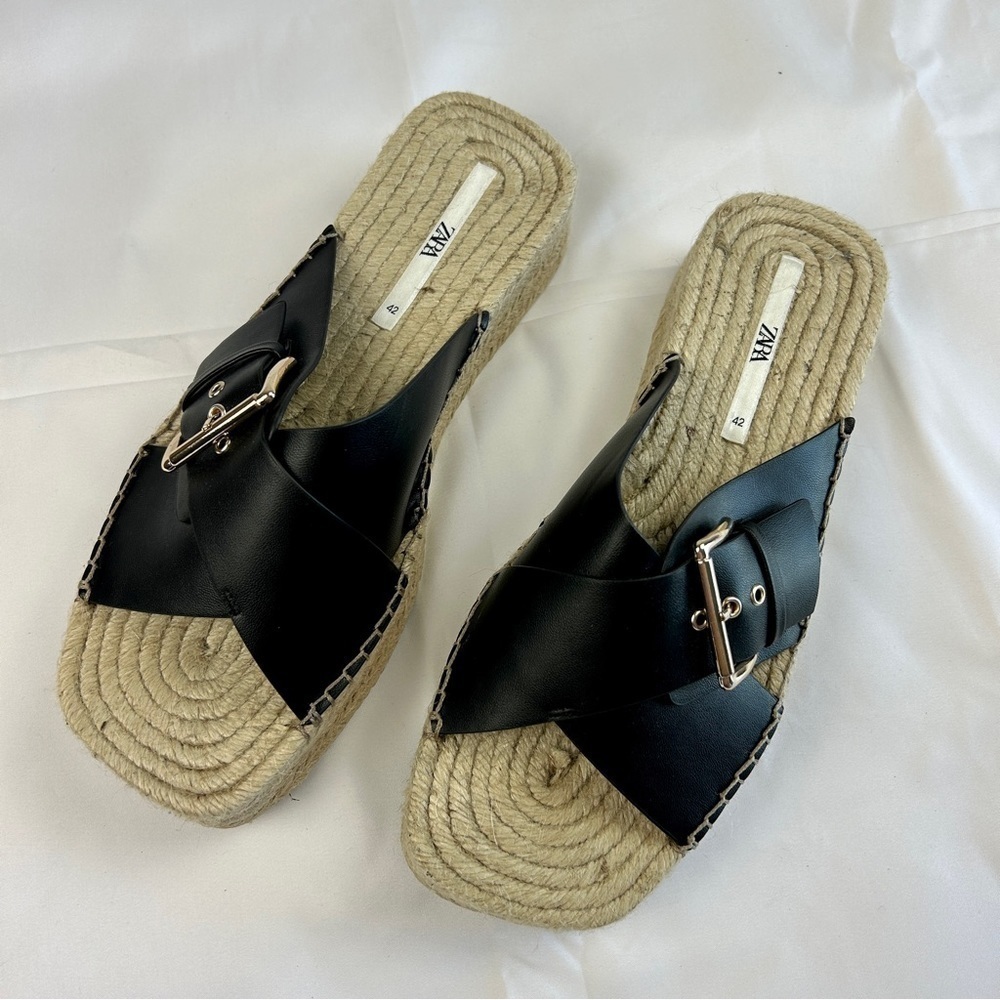 ZARA black jute raffia wedge platform sandals - Picture 5 of 6